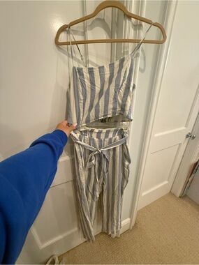 Lulu's Blue and White Striped Tie-Waist Jumpsuit